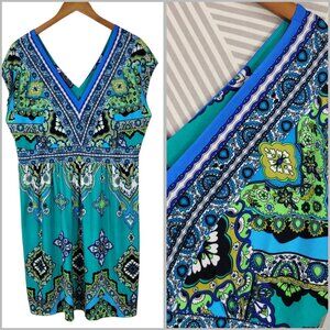 Vintage Y2K Shirt Dress size XL Knee Length Stretch Blue Green Turquoise